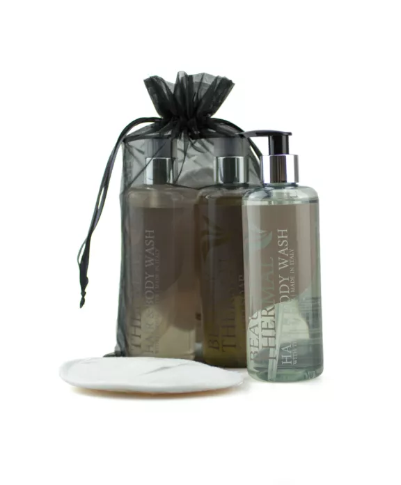 Set regalo Beauty-Thermal con shampoo doccia e sapone in dispenser e spugnetta scrub