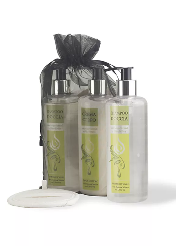 Set regalo Beauty Oil con shampoo doccia e crema corpo in dispenser e spugnetta scrub