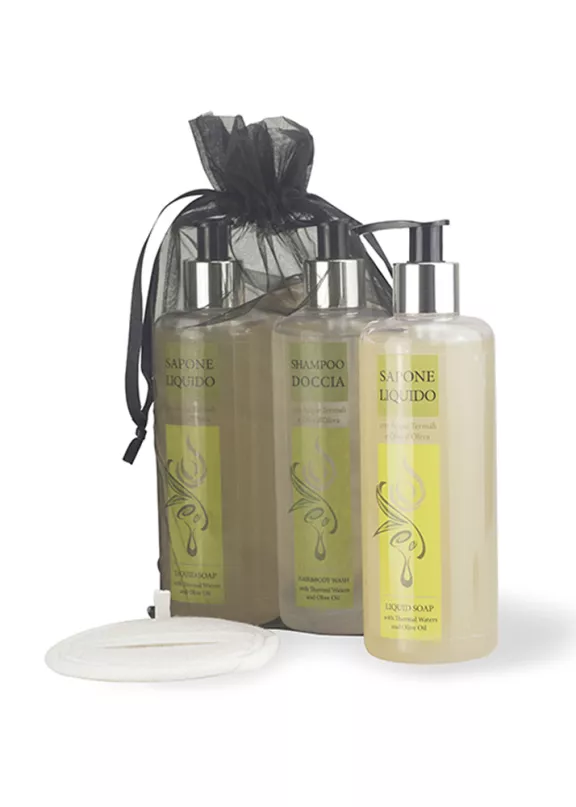 Set regalo Beauty Oil con shampoo doccia e sapone in dispenser e spugnetta scrub