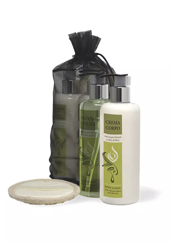 Set regalo Beauty Oil con sapone liquido e crema in dispenser e spugnetta scrub